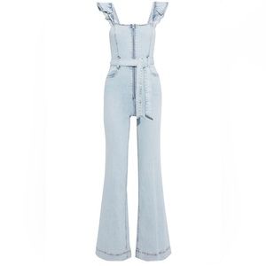 Alice + Olivia Woman Flutter Belted Denim Jumpsuit Light Denim Size 26